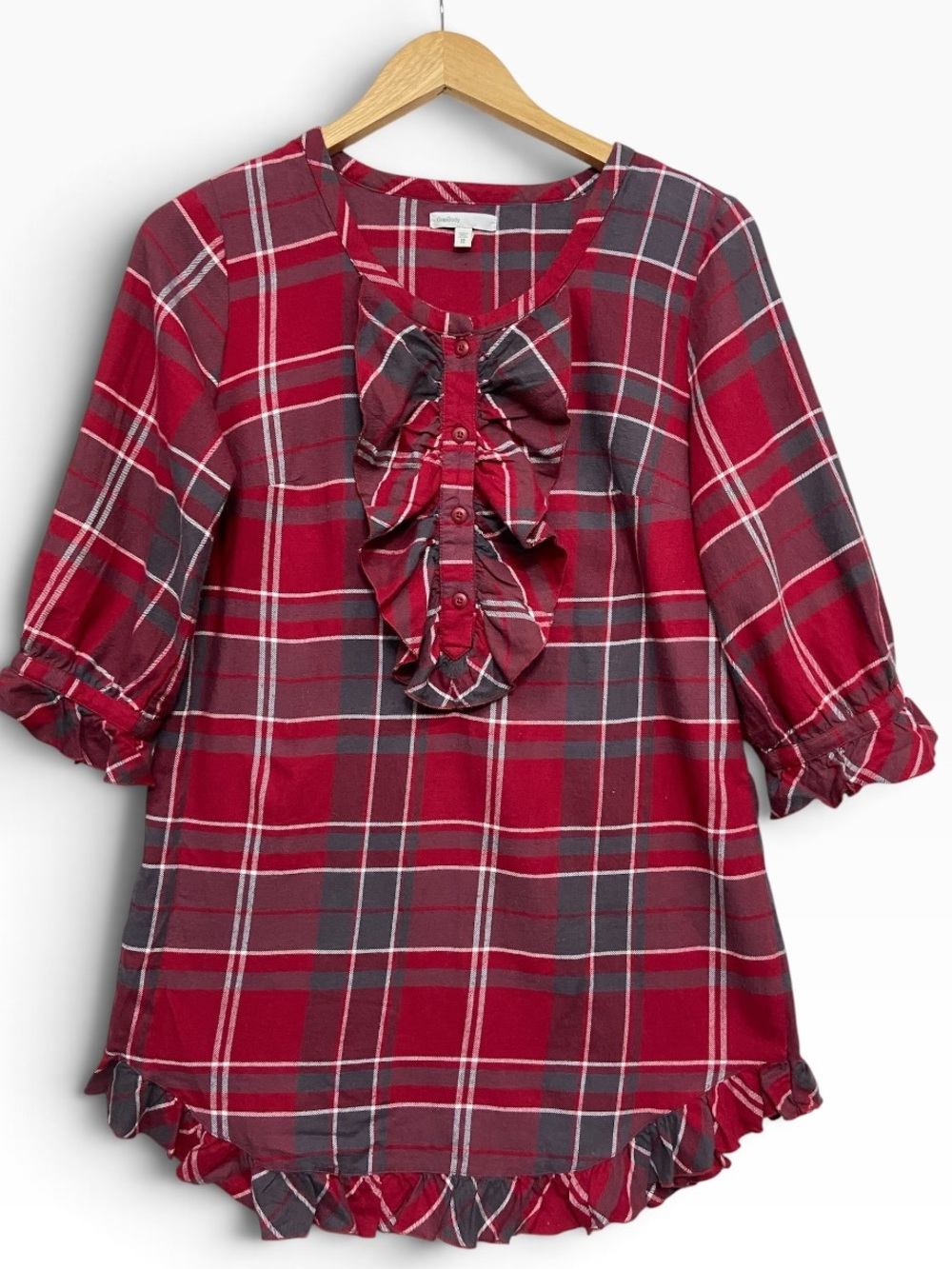 GapBody Red Flannel Ruffled Plaid Tunic Top - Women’s XS